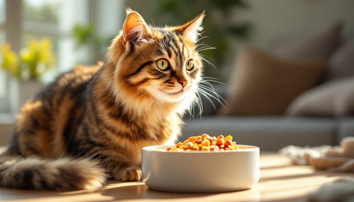 Indoor cat beside its regular food