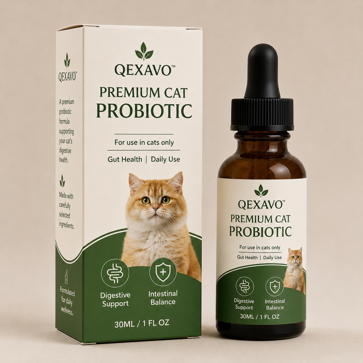 Indoor cat with Qexavo probiotic drops