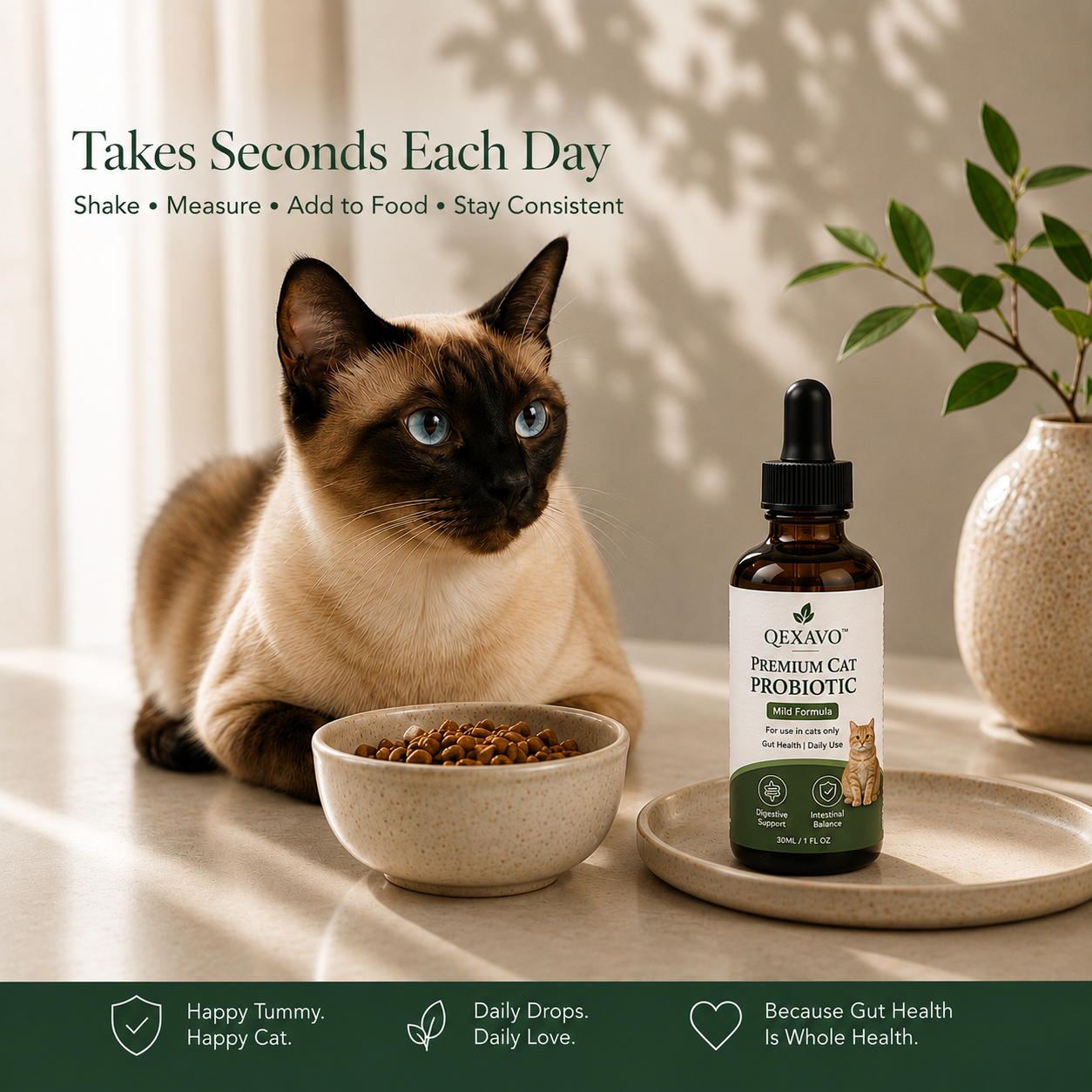 Qexavo probiotic drops beside an indoor cat’s food bowl