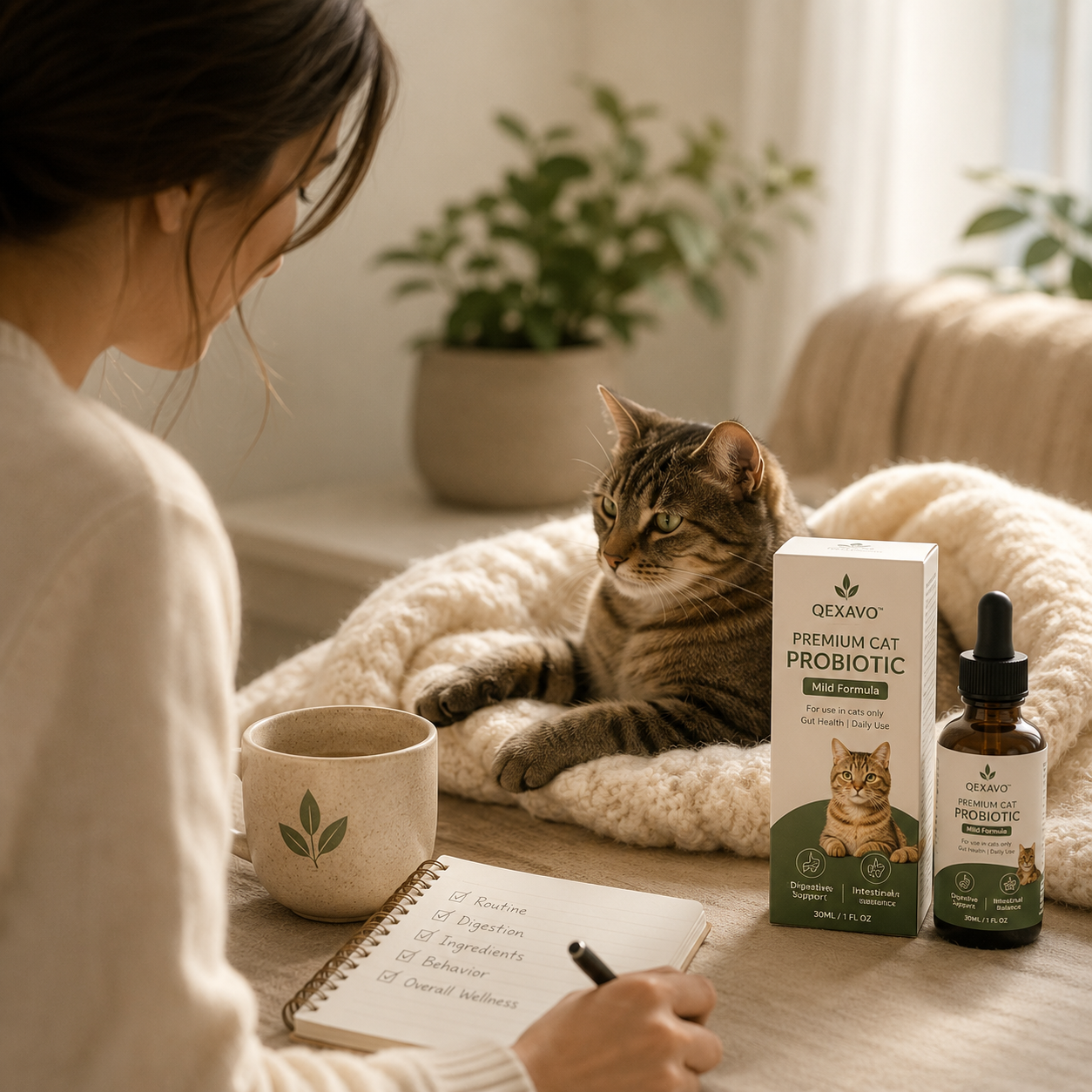 Indoor cat and owner sharing a calm moment at home