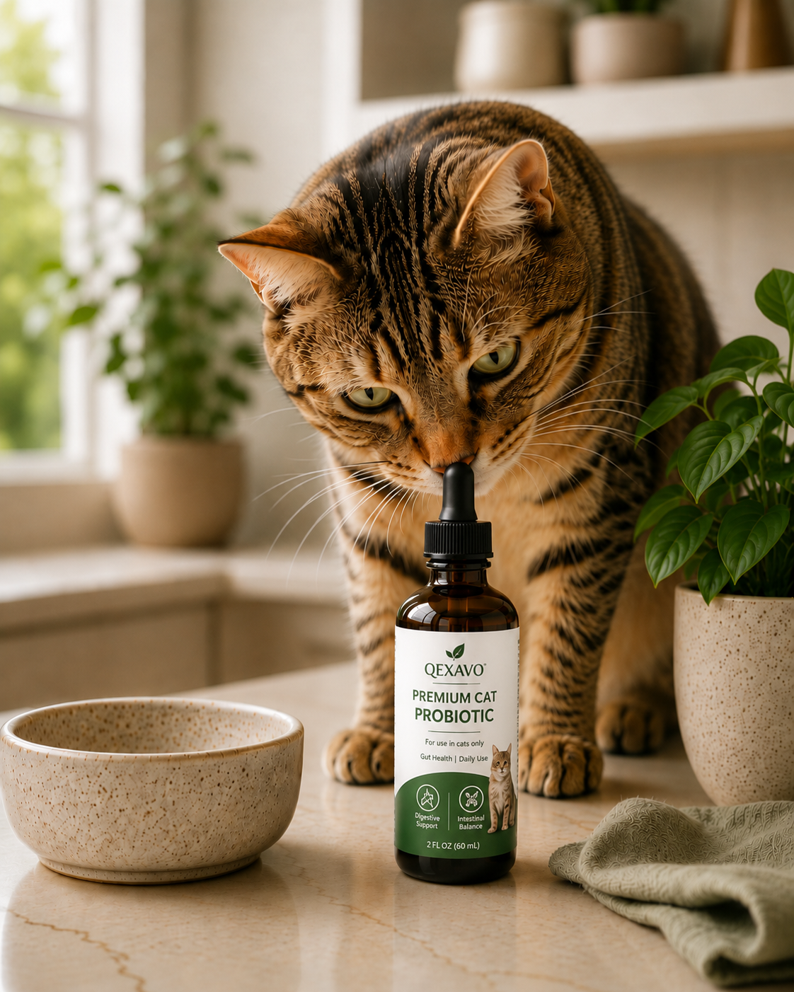 Indoor cat with Qexavo probiotic drops