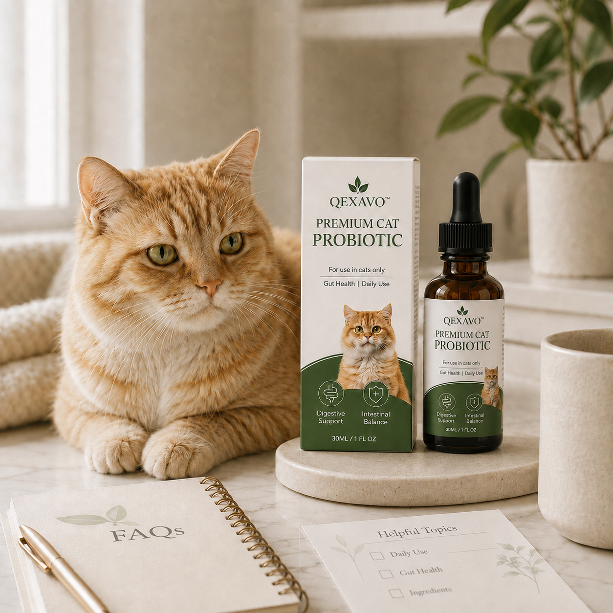 Indoor cat beside Qexavo probiotic drops and packaging
