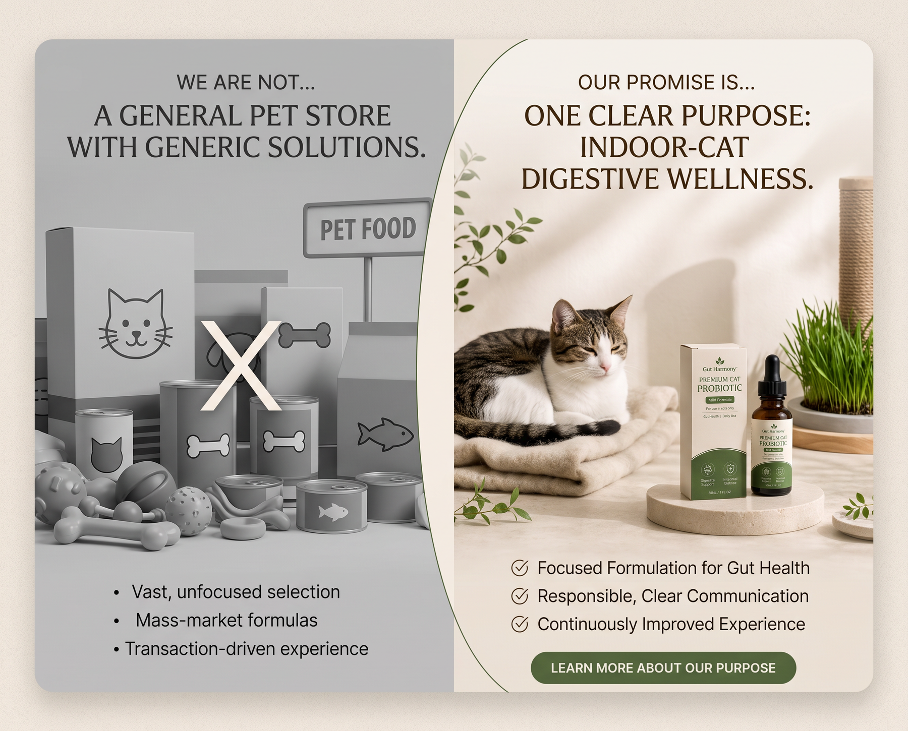 Indoor cat beside Qexavo probiotic drops